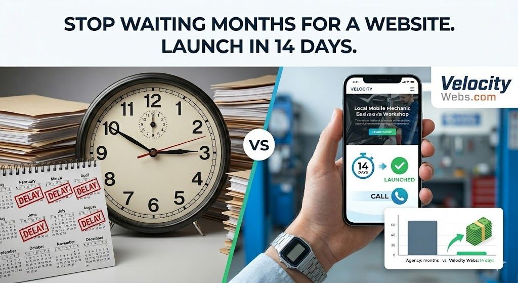 Split graphic contrasting slow agency delays (clock, papers) vs. Velocity Webs’ fast 14-day website 