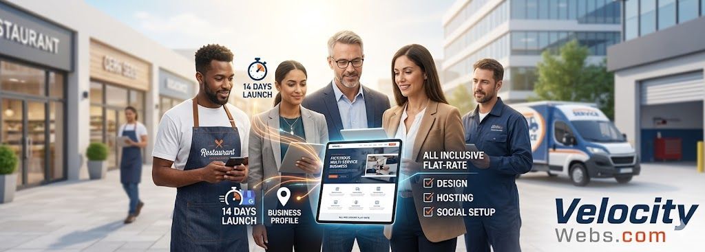 Team of business people with digital overlays standing outside a Velocity branch on a street.