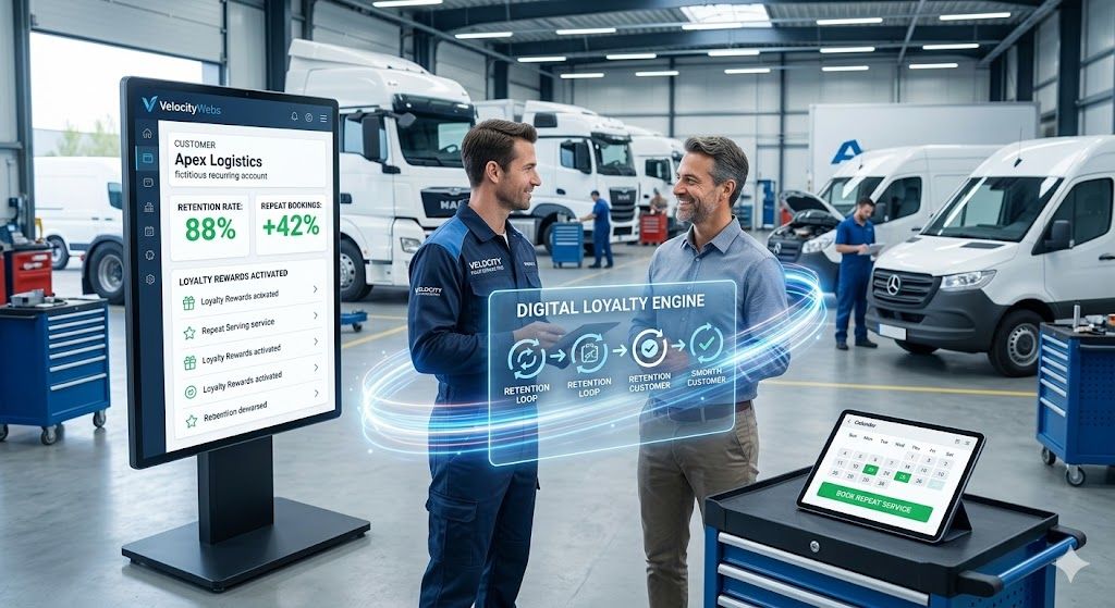 Two technicians in a van workshop with a digital dashboard and holographic data display