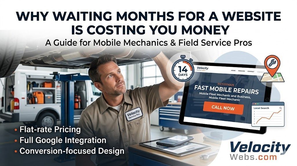 Website cost promo for mobile mechanics: man at laptop beside website mockup, white and orange design with repair shop branding