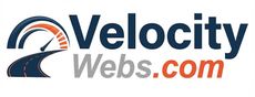 Logo for Velocity Webs, features a speedometer and road design with company name.