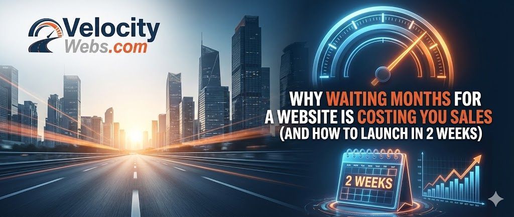 Velocity Webs blog hero image featuring a speedometer and business growth chart with text 'Why Waiti