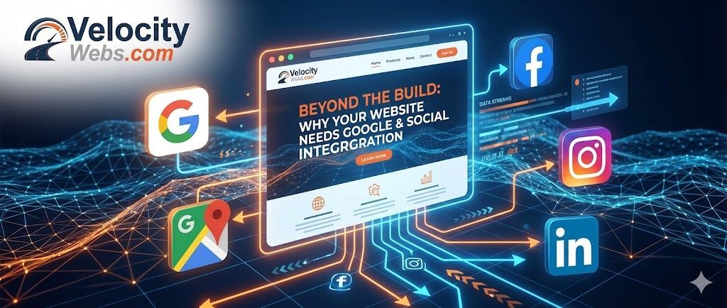 Velocity Webs blog hero image for 'Beyond the Build' illustrating a website connected to Google