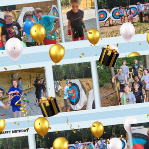 Children at archery party, targets and balloons. Outdoors, fun and celebratory. Golden and white balloons, gifts.
