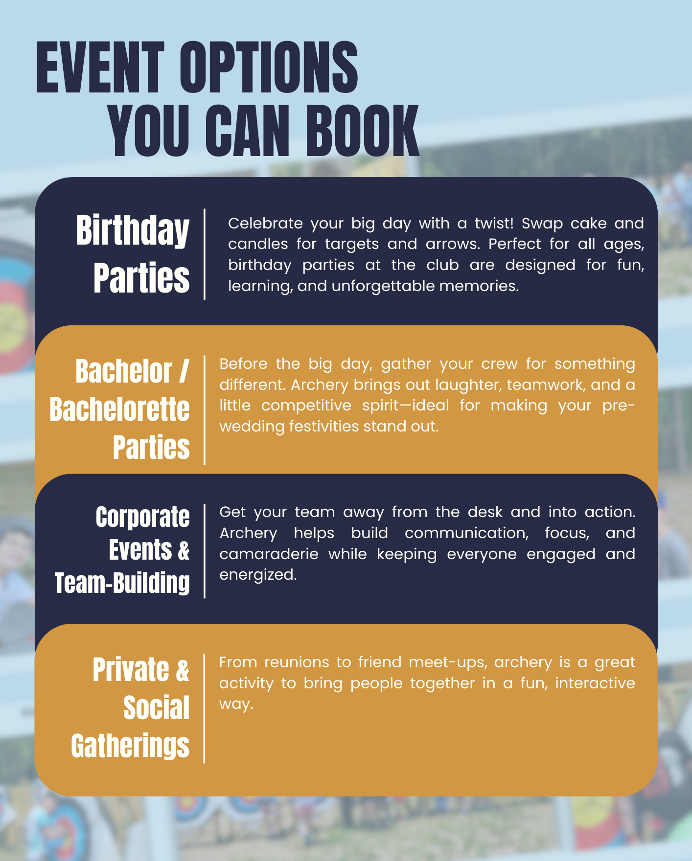 Event options brochure: Birthday, Bachelor/Bachelorette, Corporate, and Private event types with descriptions.