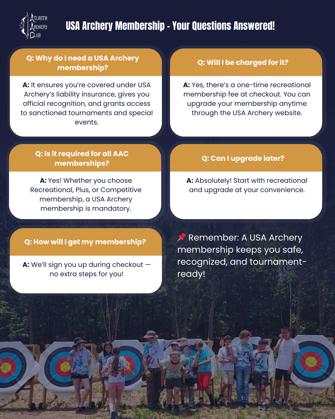 A brochure with FAQs about USA Archery membership, and a group of people at an archery range.
