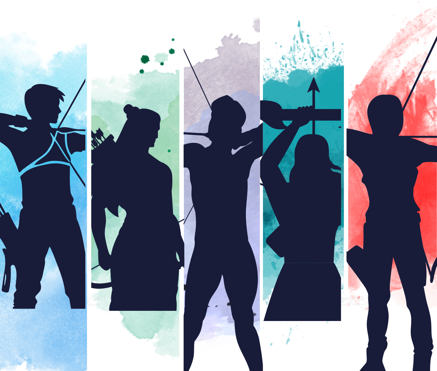 Silhouettes of archers aiming bows against watercolor backgrounds.