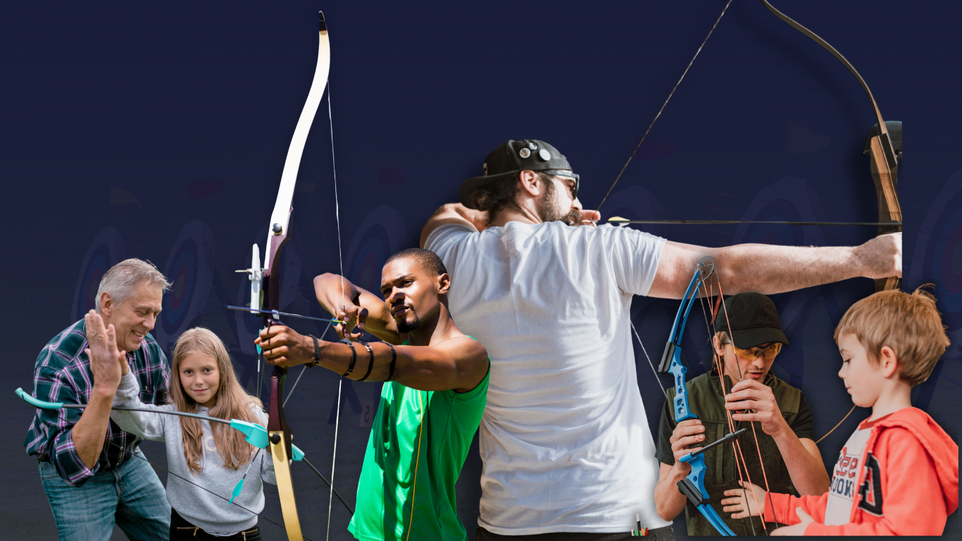 Archers aiming bows at targets indoors, with an instructor demonstrating form in the center