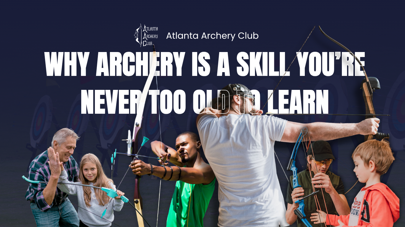 Archery club promo: people aiming bows in a dark indoor range with the text “Why archery is a skill you’re never too old to learn.”