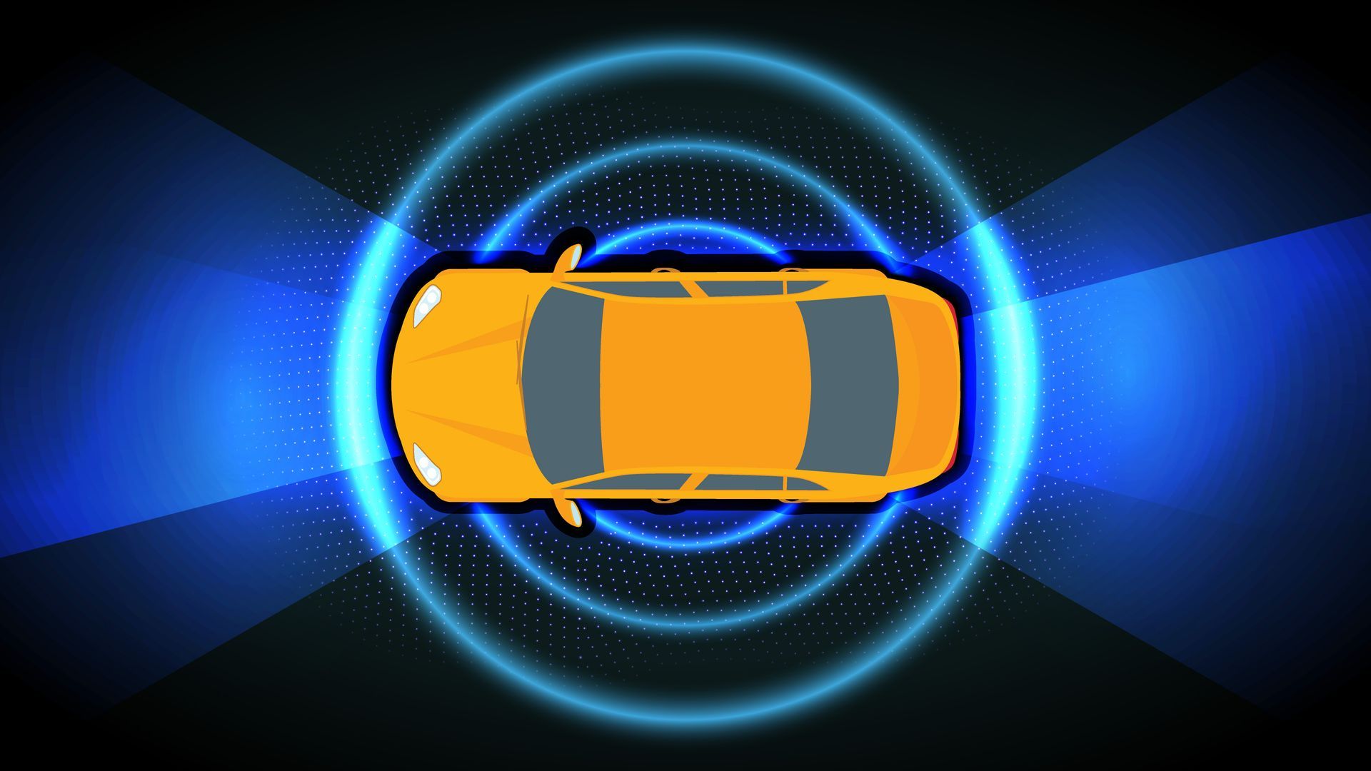 A yellow car is surrounded by a blue circle.