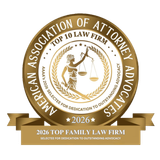 Gold American Association of Attorney Advocates Top 10 Law Firm 2026 award emblem with scales of justice