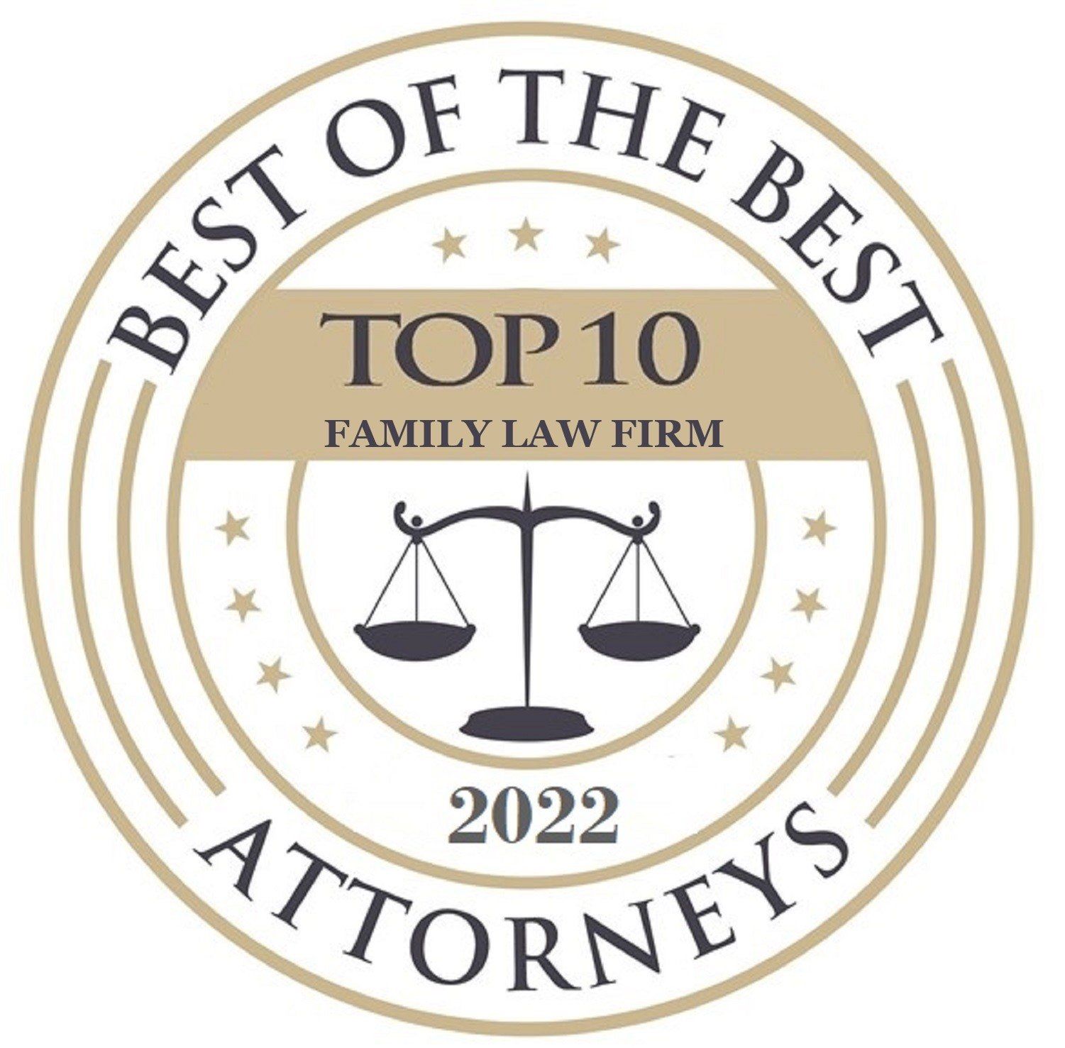 Top 10 Family Law Firm 2022 award seal with scales of justice and gold stars