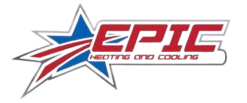 Logo for Epic Heating and Cooling featuring a red "EPIC" text next to a blue star graphic with a red swoosh.