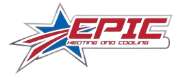 Logo for Epic Heating and Cooling featuring a red "EPIC" text next to a blue star graphic with a red swoosh.