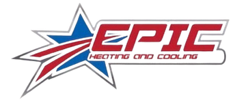 Logo for Epic Heating and Cooling featuring a red "EPIC" text next to a blue star graphic with a red swoosh.