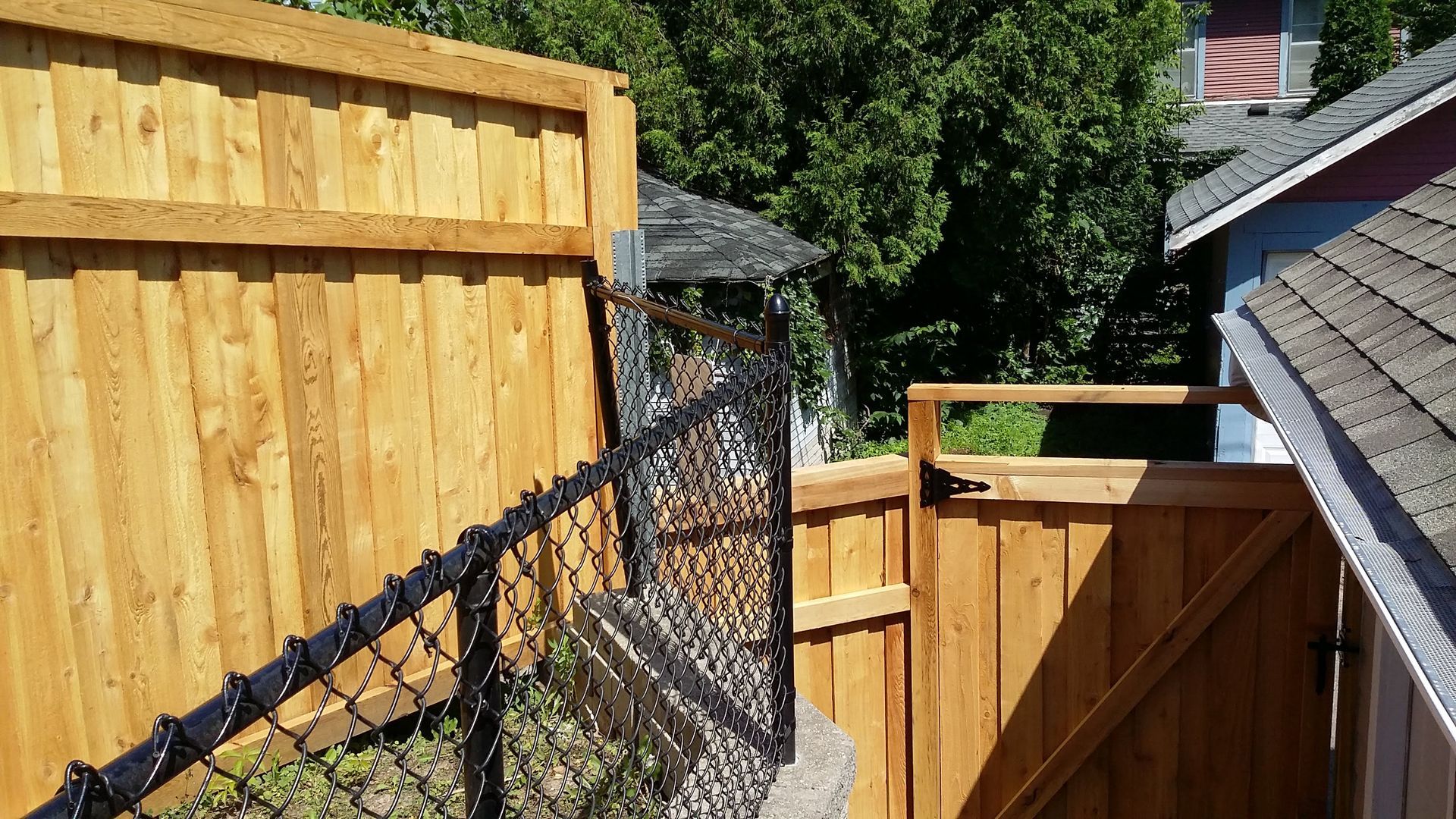 Backyard with wooden fence panels, black netting, and a house roof in sunlight