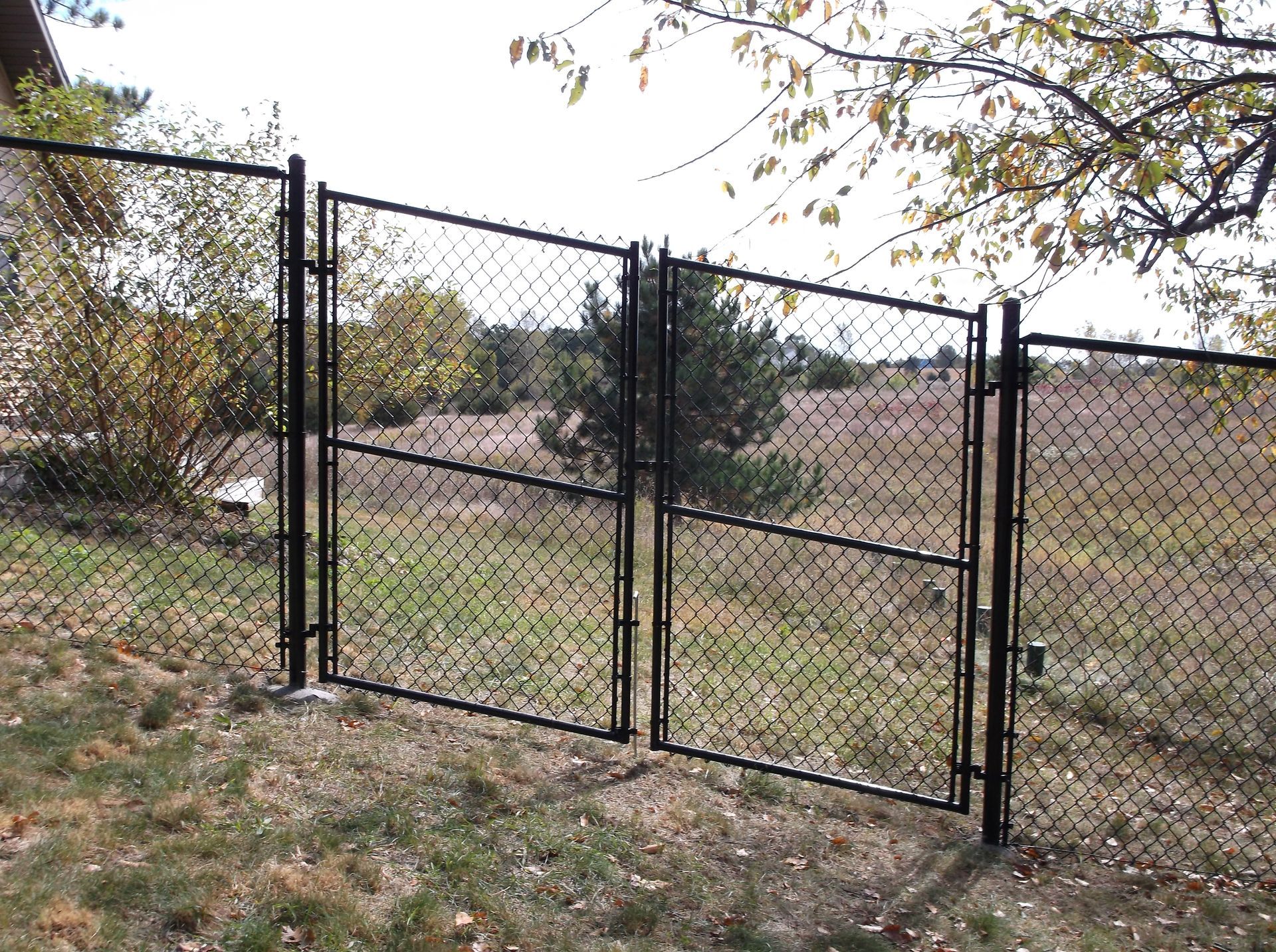 Black chain-link gate in a grassy field with trees and a dirt path beyond