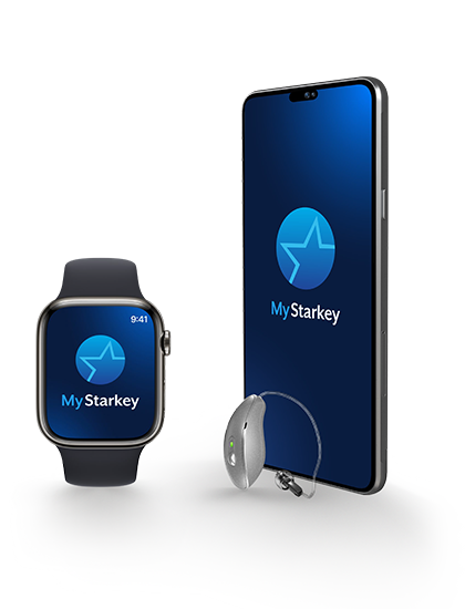 Manufacturer illustration of the MyStarkey app on a phone and watch