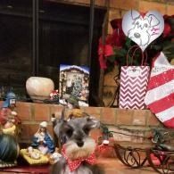 Decorated display with a dog figurine, heart balloon, gifts, and a chevron-patterned bag on a brick ledge
