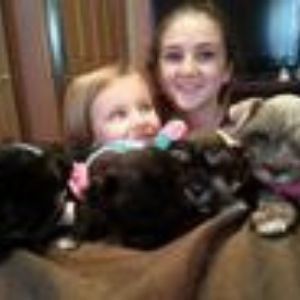 Two smiling people hugging several black puppies on a couch indoors