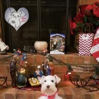 Holiday fireplace mantel with nativity figurines, heart ornament, wrapped gifts, and a small dog in front