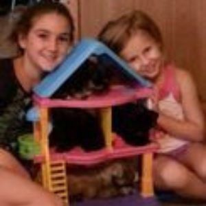 Two children posing with a pink and blue dollhouse and black puppies
