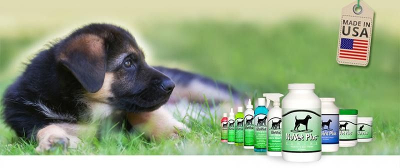 Puppy lying in grass beside row of pet vaccine bottles and a USDA logo