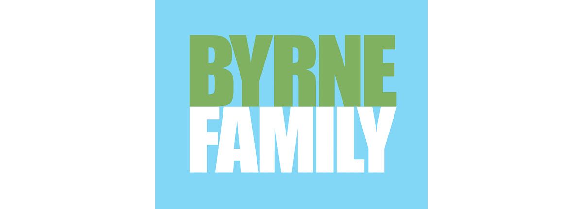 The byrne family logo is green and white on a blue background