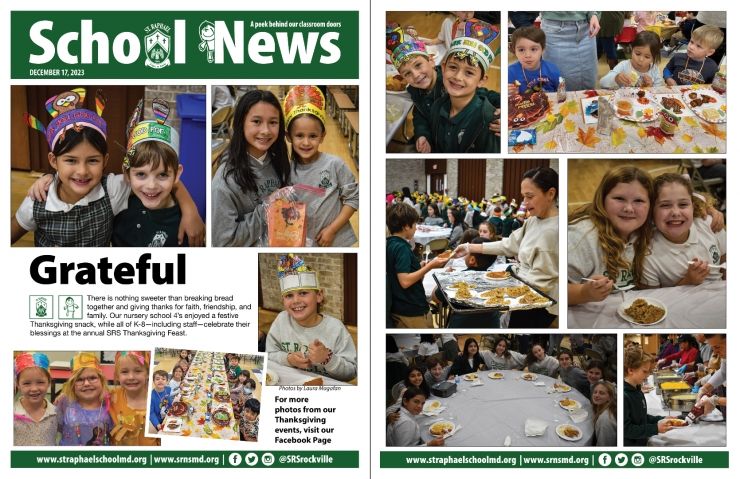 A school news newspaper with a collage of pictures of children wearing thanksgiving hats.