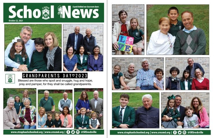 A collage of photos of a family on the cover of a school news magazine