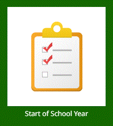 A clipboard with three check marks and the words start of school year below it