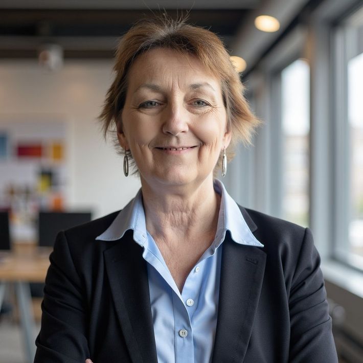Smiling professional in a navy blazer in a modern office hallway