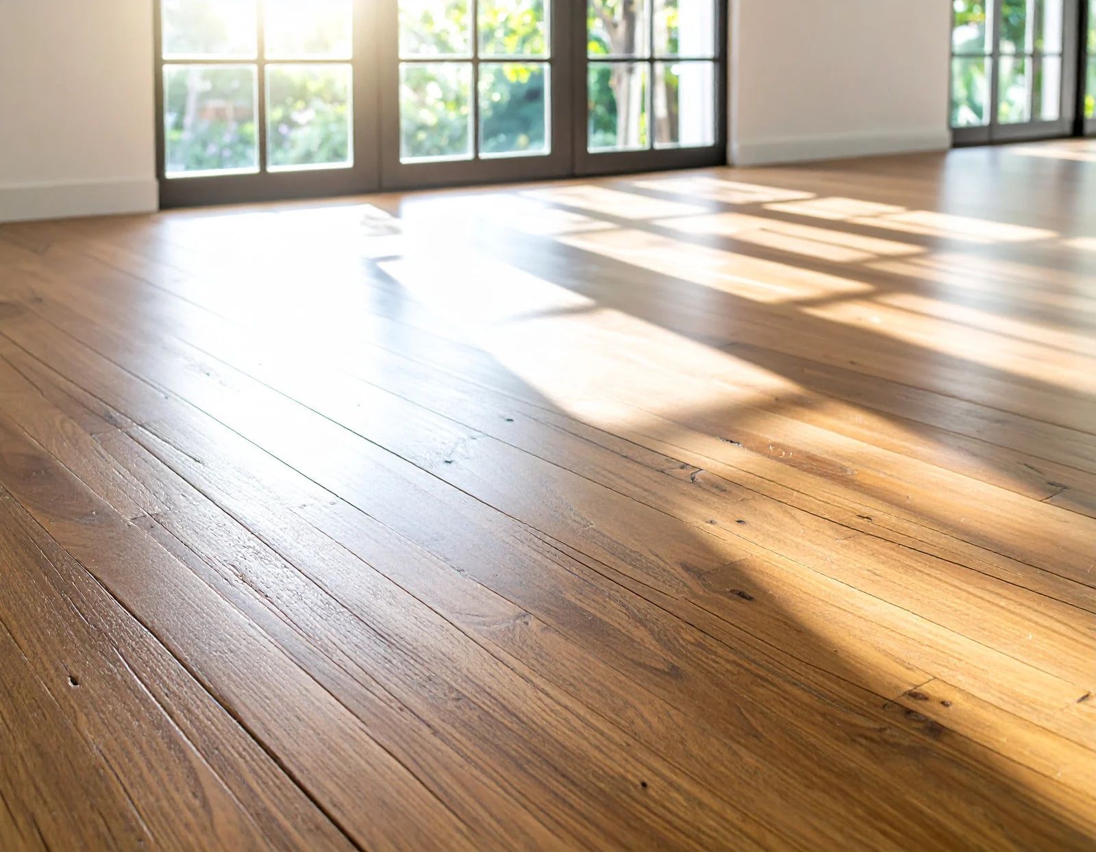 Sunlit empty room with hardwood floor and large windows casting long shadows