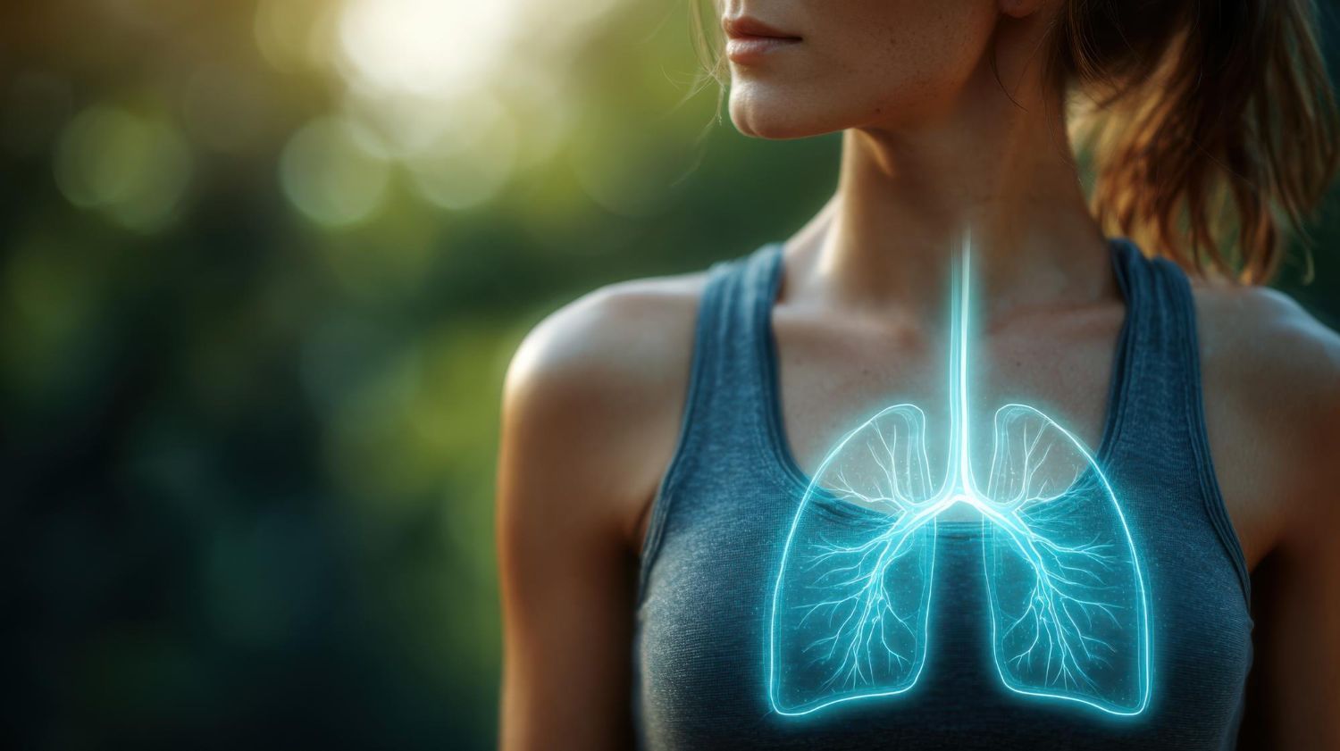 Woman in blue tank top with glowing lungs overlay, suggesting respiratory health in a natural outdoor setting