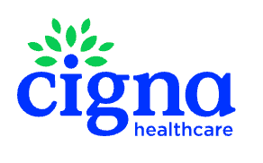 Cigna Healthcare logo with blue text and green leaf-like symbol above the wordmark