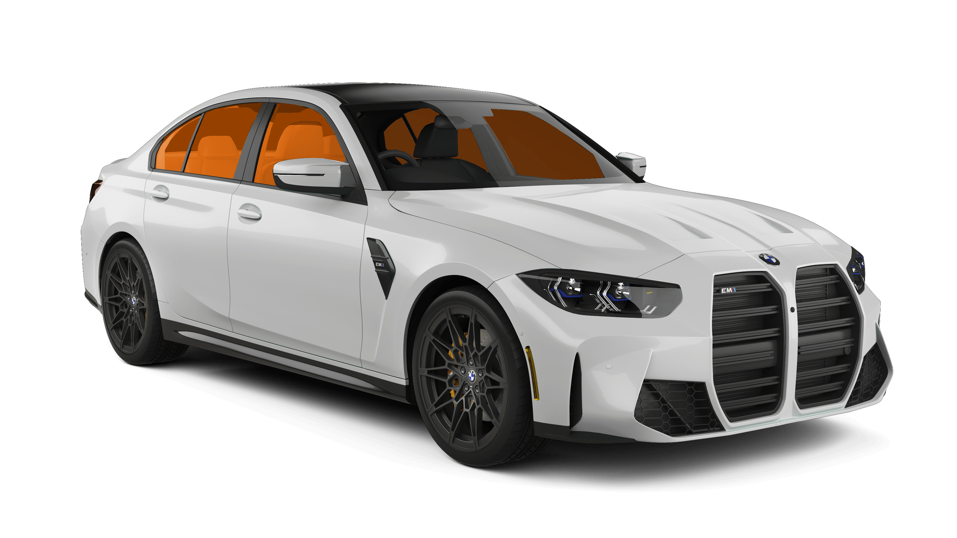 White sports sedan with orange-tinted windows and black rims on a white background