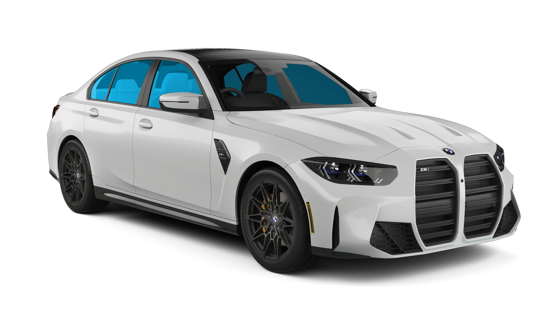 White sports sedan on a white background, angled front view with blue-tinted windows and black wheels
