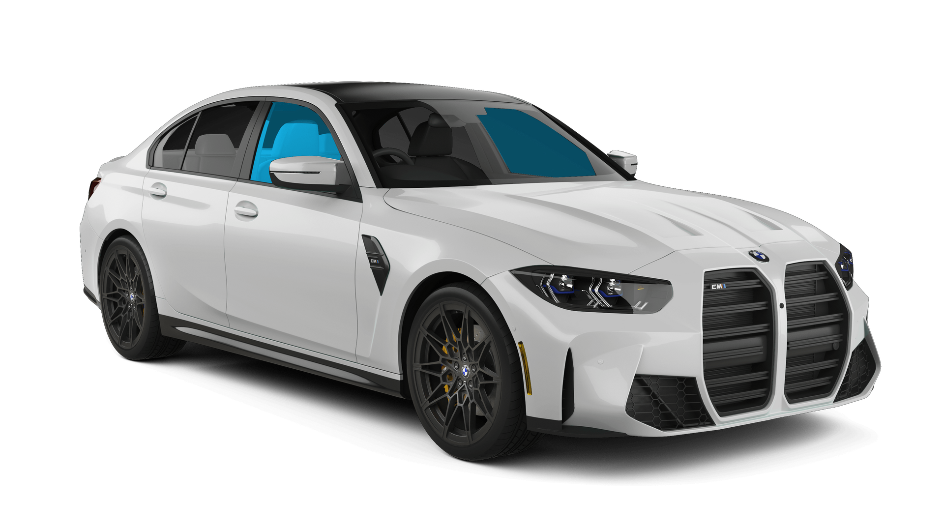 White luxury sedan with black trim and blue-tinted windows on a white background