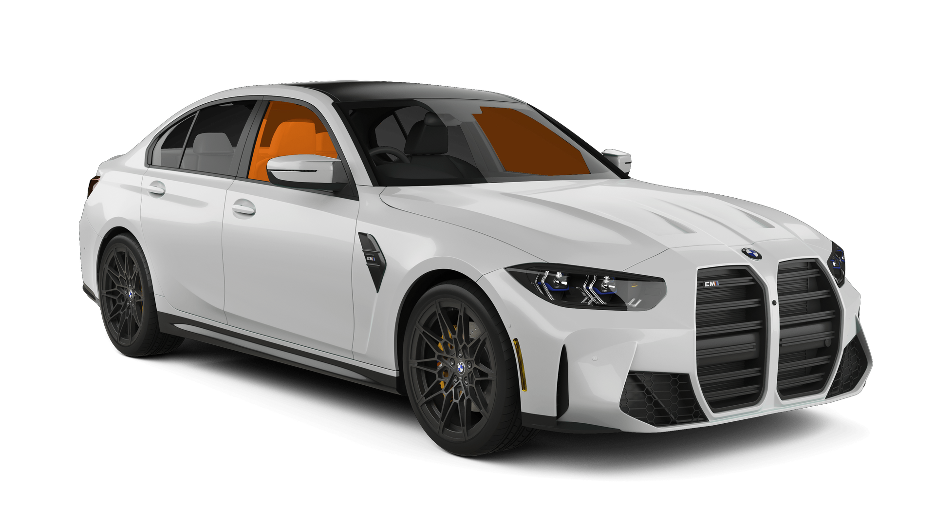 White sports sedan with black grille and orange interior on a white background