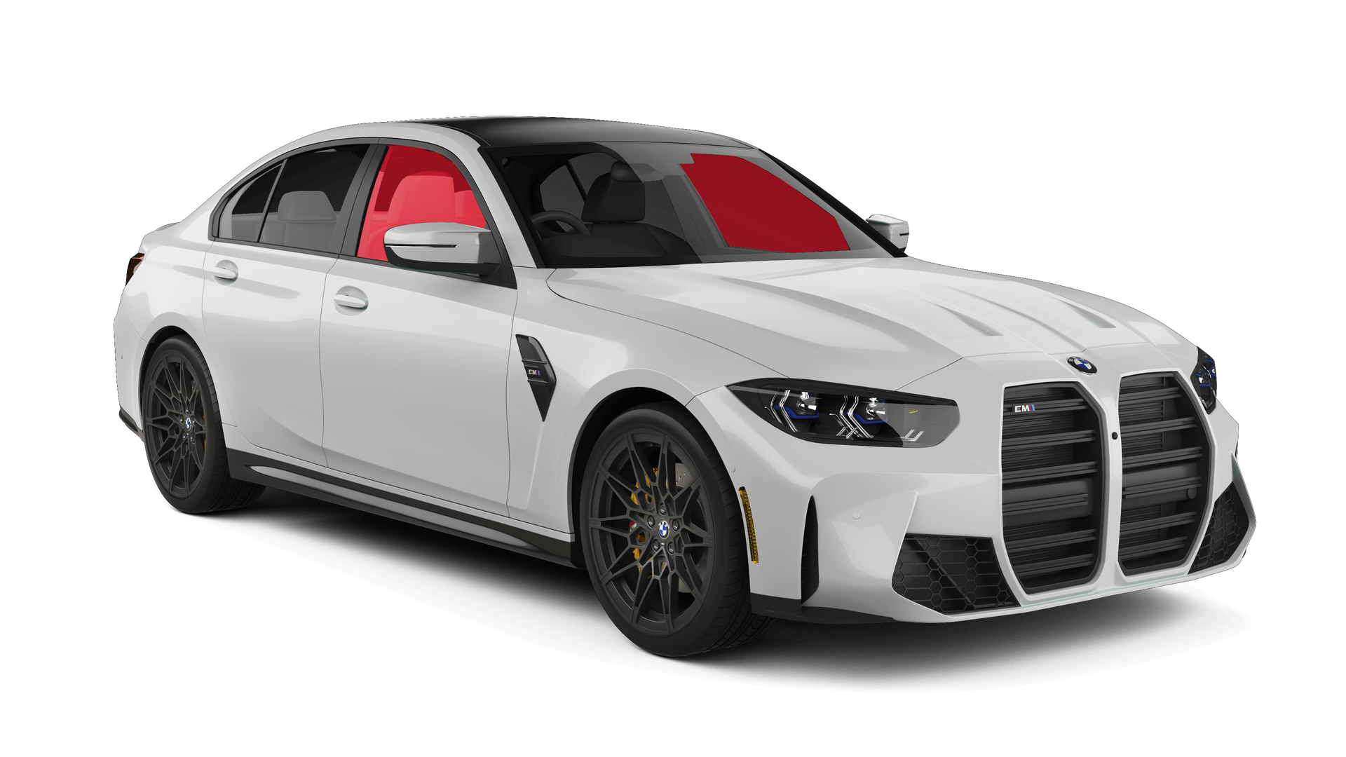 White sports sedan with black wheels and red interior, shown in a front three-quarter view on a white background