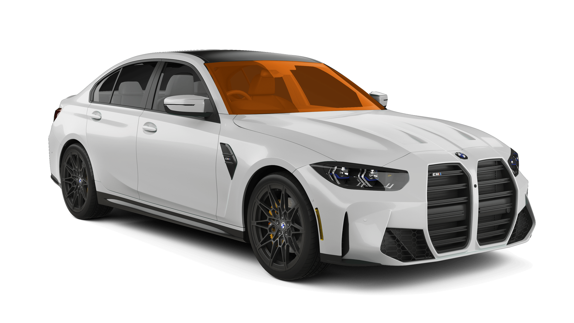 White sports sedan with black accents and orange-tinted windows on a white background