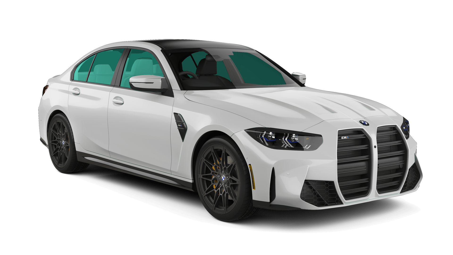 White BMW sedan with black accents on a plain background