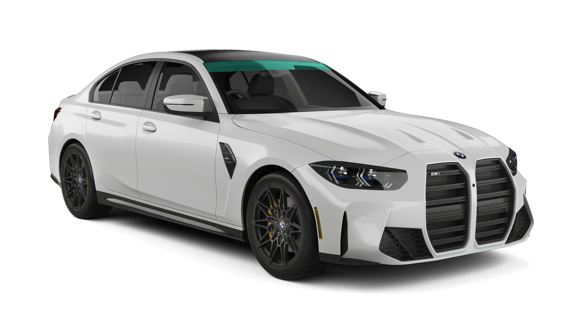 White BMW sedan with black wheels on a white background