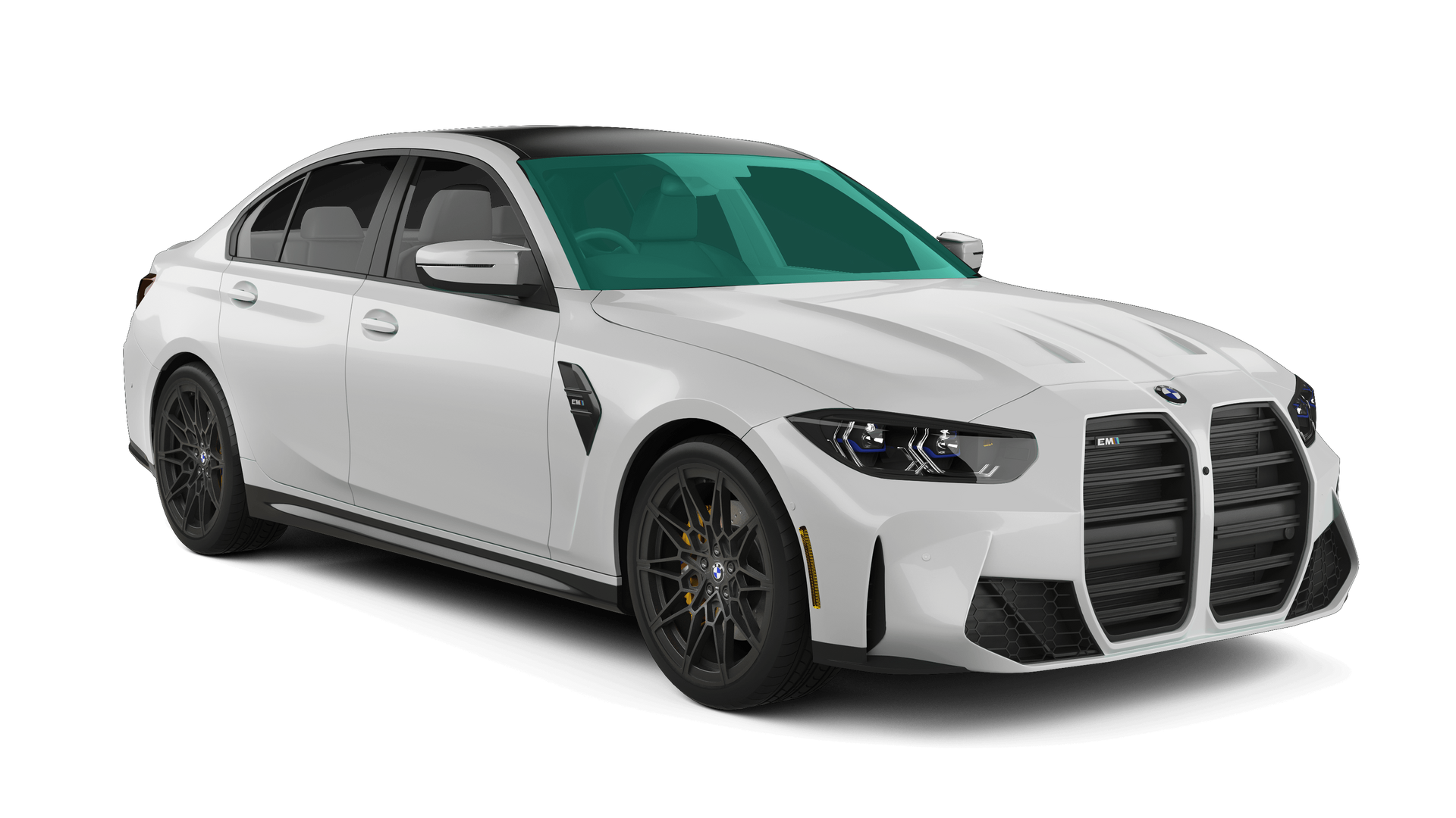 White BMW sedan with black trim on a white background
