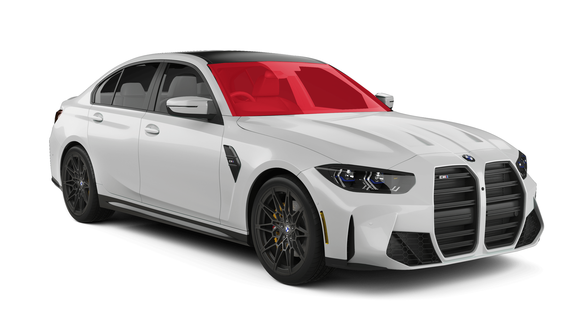 White sports sedan with black grille and red tinted windows on a white background