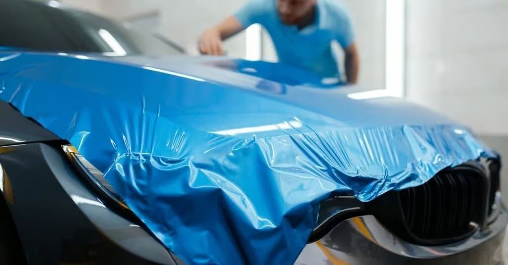 Blue car covered with protective film while a person works in the background in a garage