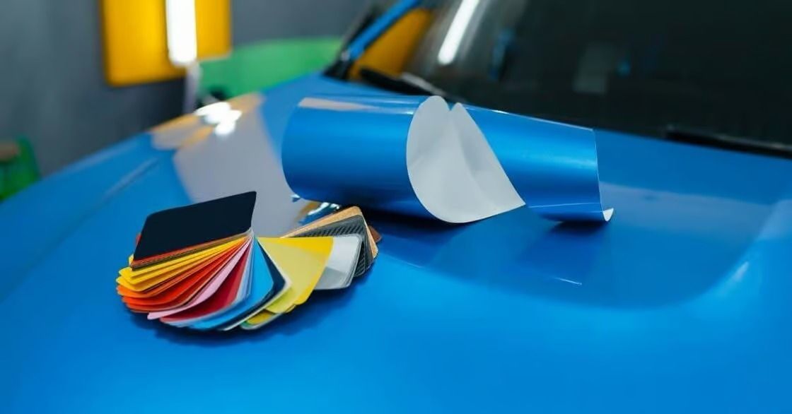 Blue car with color swatches and a paint sample fan on the hood