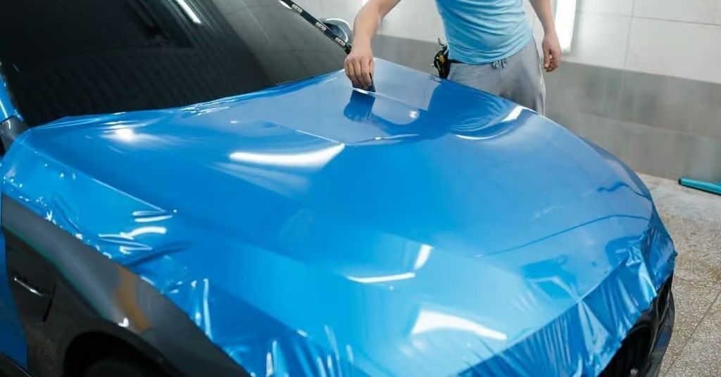Person applying blue vinyl wrap to a car hood in a workshop