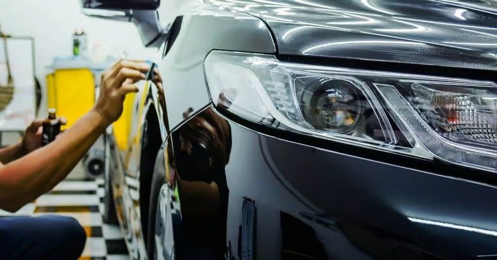 Technician polishing a black car’s front bumper in an auto repair shop