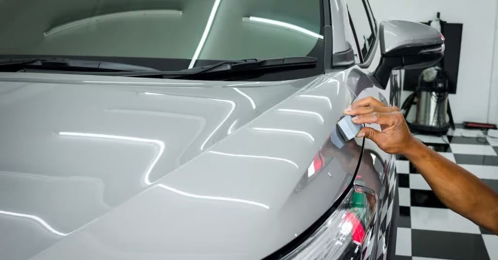 Hand polishing the hood of a silver car in a detailing shop